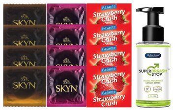 Комплект: Пролонгатор Super Orgasm Stop Гель (150 мл) + 8 шт SKYN + 4 шт Pasante Strawberry SOS10792 фото