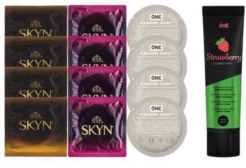 Набір:  Лубрикант Intt Strawberry (100 мл) + 4 шт SKYN passion daiquiri + 4 шт SKYN CHERRY SUNRISE + 4 шт 𝐎𝐍𝐄 𝐏𝐥𝐞𝐚𝐬𝐮𝐫𝐞 𝐃𝐨𝐦𝐞 SOS10364 фото