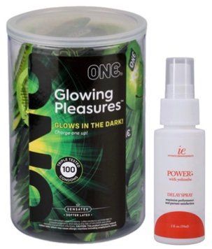Набор из ONE Glowing Pleasures, 100 шт + Пролонгатор Doc Johnson Power+ с Yohimbe Delay Spray For Men (59 мл) SOS9559 фото