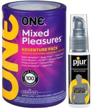 Набор из ONE Mixed Pleasures 100 шт + Пролонгатор pjur Superhero Serum 20 мл SOS9459 фото