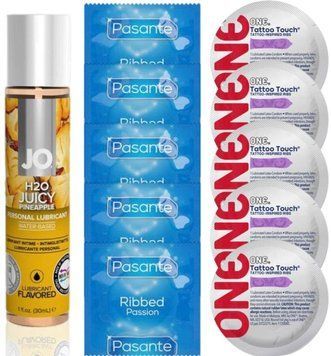 Набор 10 шт Pasante Ribbed и ONE Tattoo Touch + System JO H2O &mdash; Juicy Pineapple (30 мл) SOS4919 фото