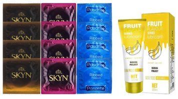 Комплект: Лубрикант OLO Banana (120мл) + 8 шт. SKYN + 4 шт. Pasante Ribbed SOS10495 фото