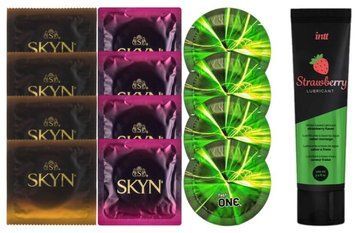 Набір:  Лубрикант Intt Strawberry (100 мл) + 4 шт SKYN passion daiquiri + 4 шт SKYN CHERRY SUNRISE + 4 шт One Glowing Pleasures SOS10365 фото